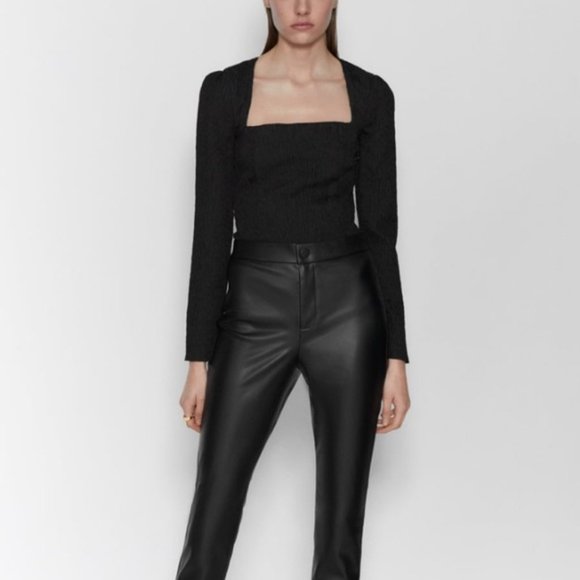 Zara Tops - Zara Textured Bodysuit Size Small Black Long Sleeve Square Neckline NWT